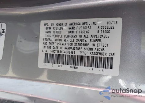 2016 Honda Accord Ex from USA, damaged, VIN 1HGCT1B59GA008686